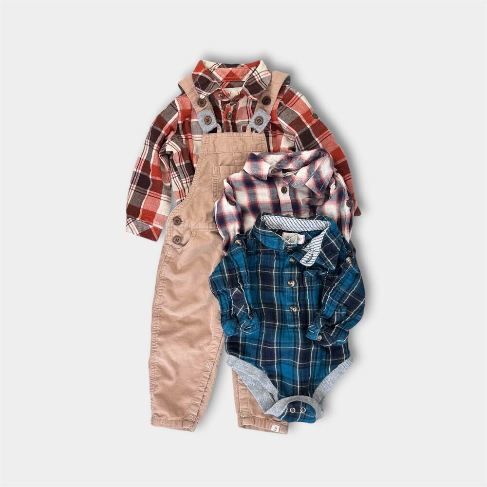 Me & Henry Corduroy Overalls and Plaid Bodysuits Bundle 9-12 Months